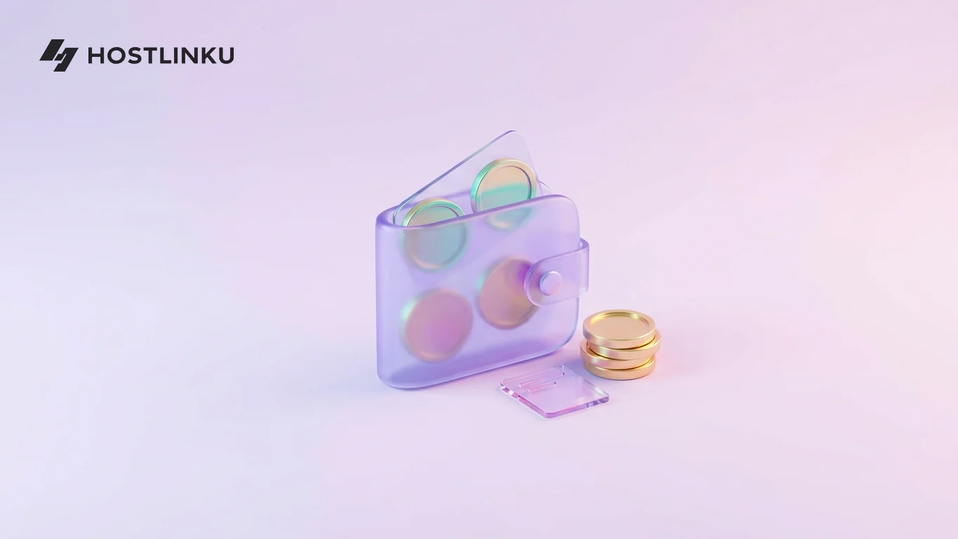 Ilustrasi 3D dompet kaca berisi koin emas dengan tumpukan koin dan kartu struk kecil