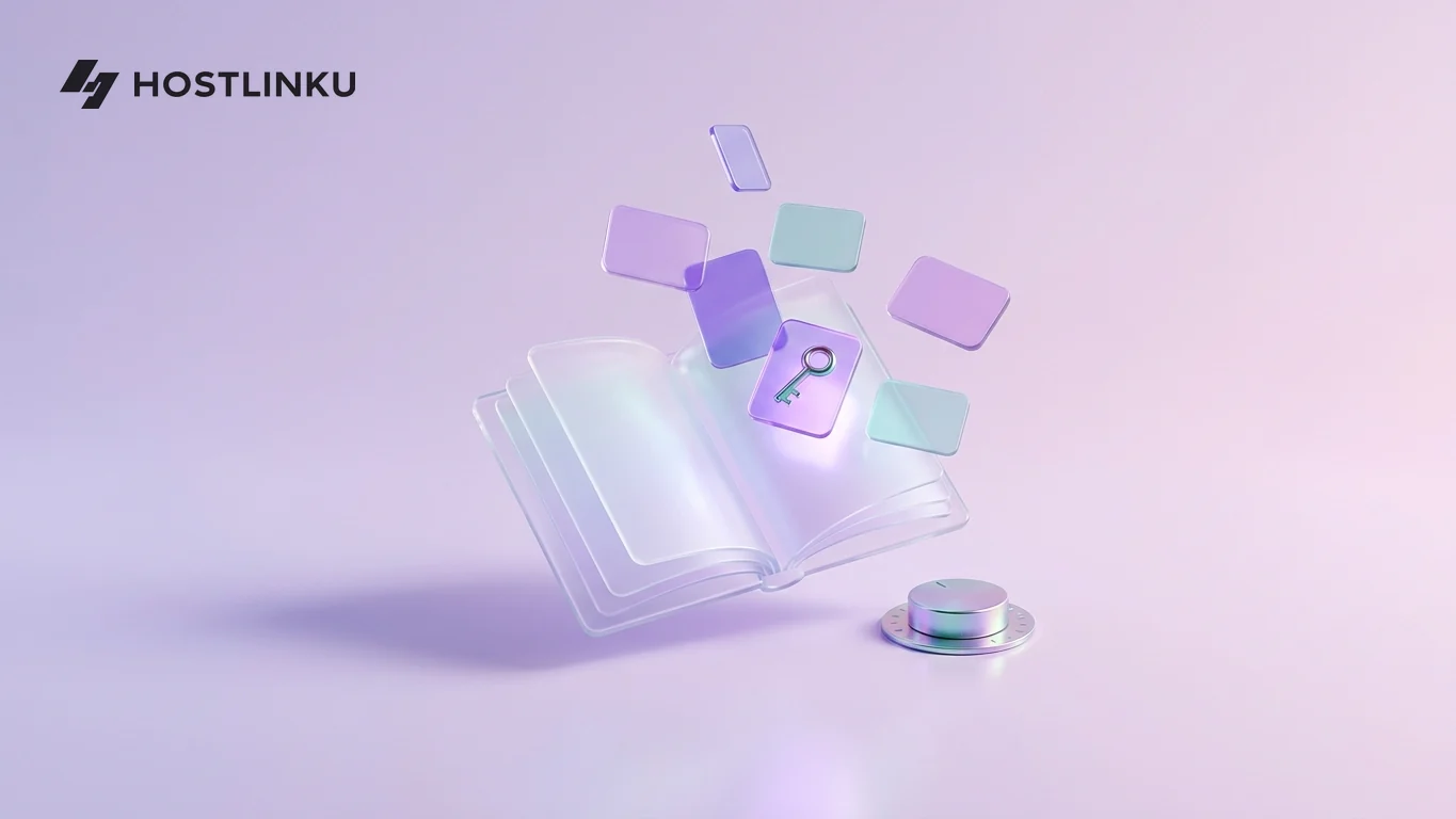 Ilustrasi 3D buku kaca dengan kartu melayang dan kunci kecil, melambangkan dokumentasi yang dipersonalisasi