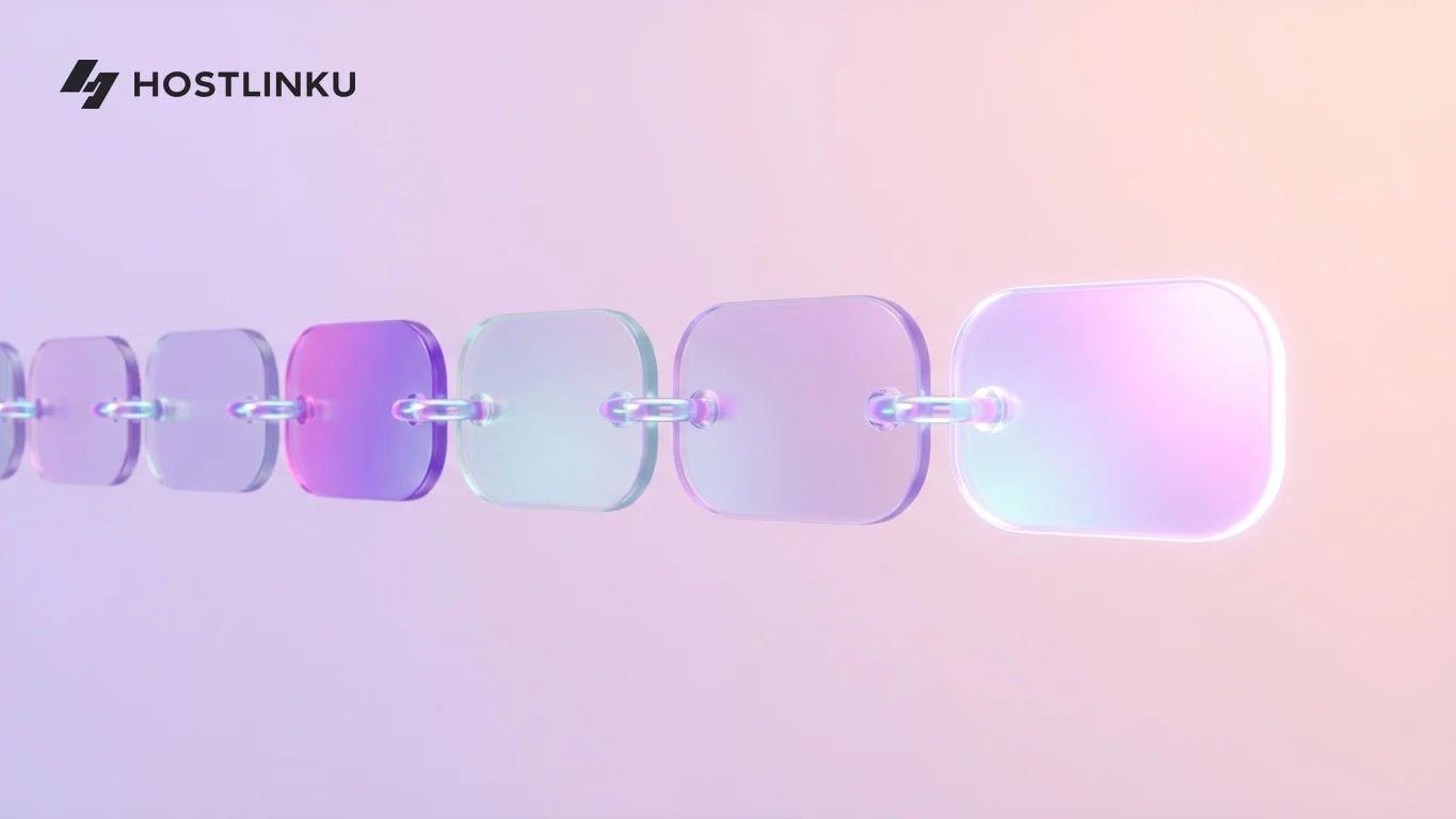 Ilustrasi 3D deretan kartu pesan kaca yang terhubung cincin bercahaya